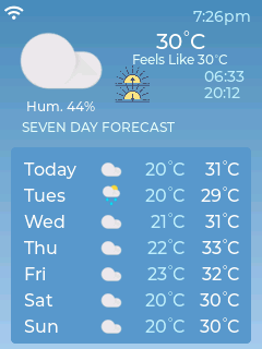 Aurigae home screen: current weather, feels-like, humidity, sunrise/sunset, seven-day forecast